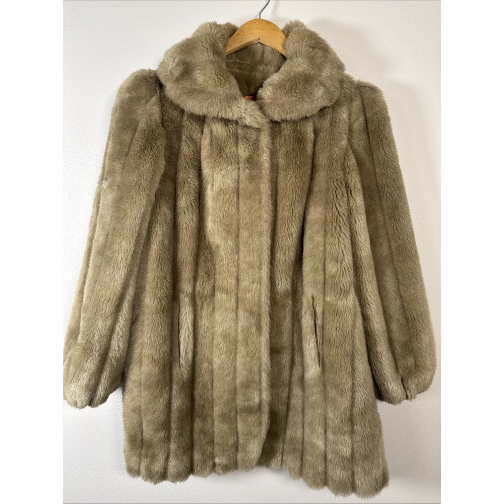 Vintage Jordache Faux Fur Glam Longline Jacket Tan Satin Lined Made In USA 9/10